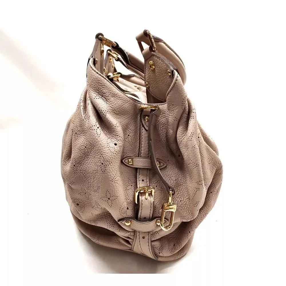 Auth Louis Vuitton Neutrals Monogram Mahina L Hobo M93123 LV Handbag Beige Purse